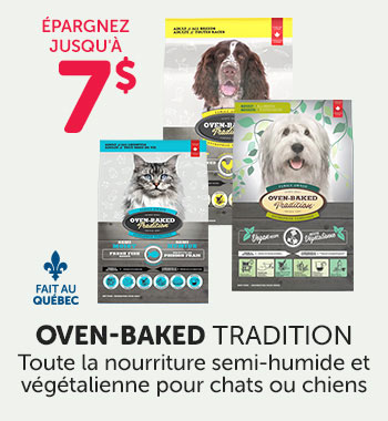 Épargnez jusqu'à 7$ sur la nourriture semi-humide et végétalienne Oven-Baked Tradition pour chats ou chiens.