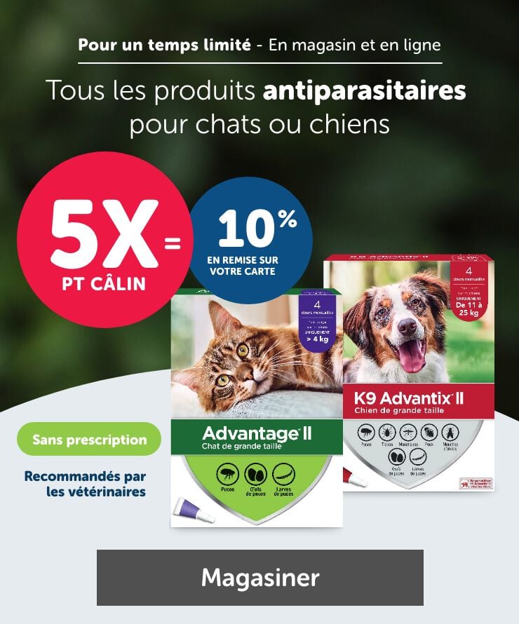 5X PT CÂLIN = 10% en remise sur votre carte sur tous les produits antiparasitaires pour chats ou chiens