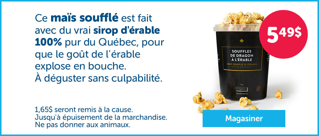 Ce maïs soufflé est fait avec du vrai sirop d'érable 100% pur du Québec, pour que le goût de l'érable explose en bouche. À déguster sans culpabilité. 