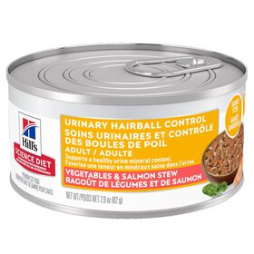 Nourriture humide soins urinaires et contrôle des boules de poil au ragoût de légumes et saumon pour chats adultes, 82 g