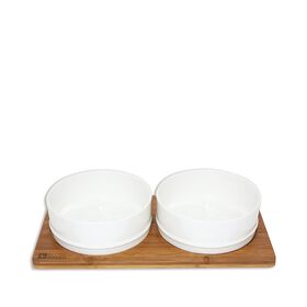 White Ceramic Bowls with Bamboo Base
