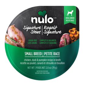 Rago&ucirc;t Signature sans grains au poulet, canard et citrouille en bouillon pour chiens de petites races, 79 g