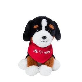 Plush Bernese Mountain dog with red scarf