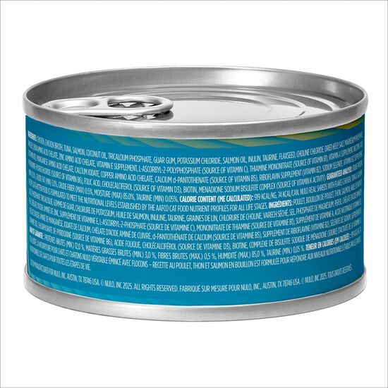 Nourriture humide sans grains au poulet, thon et saumon en bouillon pour chats et chatons, 79 g Image NaN