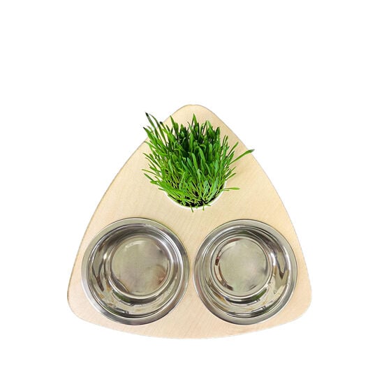 Double Steel Bowls with Wooden Stand and Option for Catgrass Image NaN