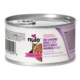 Nourriture humide sans grains au boeuf et maquerau en sauce pour chats et chatons, 85 g