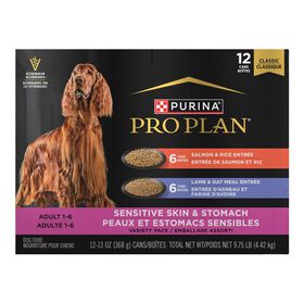 Emabllage assorti entr&eacute;e sp&eacute;cialis&eacute;e peaux et estomacs sensibles de saumon et riz et d&rsquo;agneau et de farine d&rsquo;avoine pour chiens, 368 g x 12