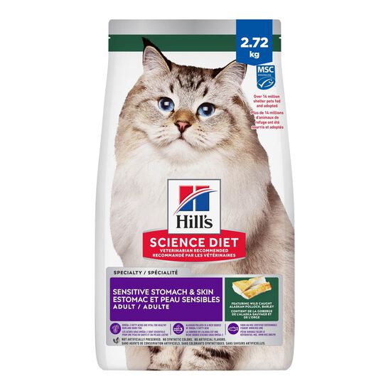 Nourriture sèche « Sensitive Stomach & Skin » recette de farine de goberge et d’orge pour chats adultes, 2,72 kg Image NaN
