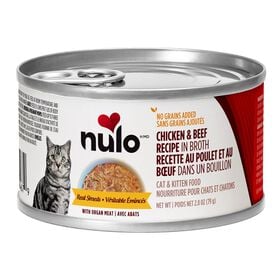 Nourriture humide sans grains au poulet et au b&oelig;uf dans un bouillon pour chats et chatons, 79 g