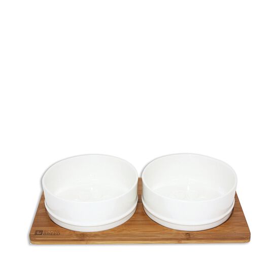 White Ceramic Bowls with Bamboo Base Image NaN