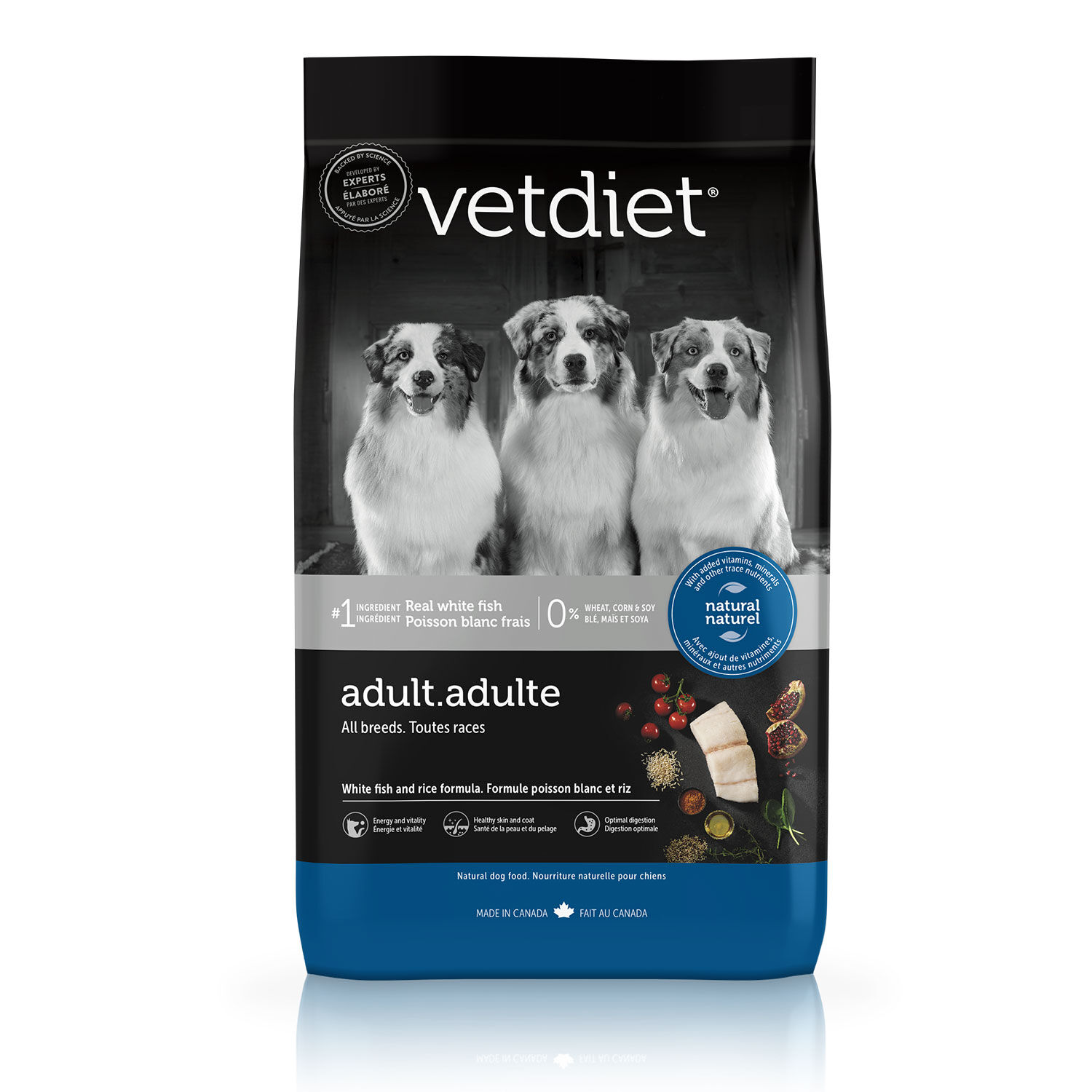 White fish and rice formula for all breeds adult dog Vetdiet Mondou