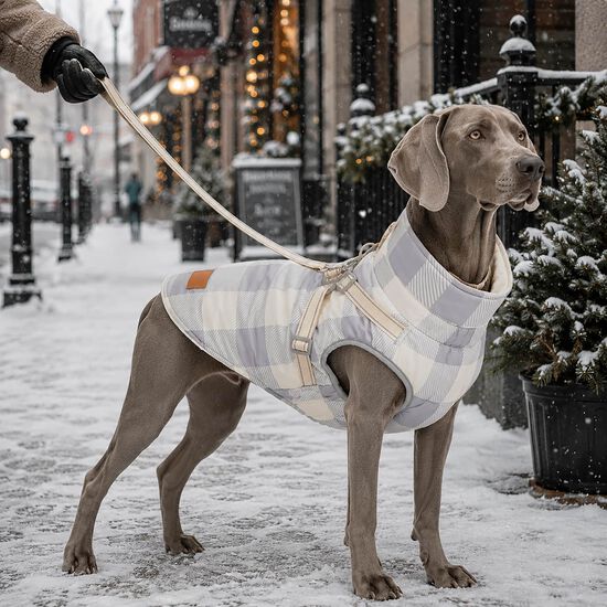 Manteau d'hiver &agrave; carreaux avec harnais ajustable int&eacute;gr&eacute; pour chiens Image NaN