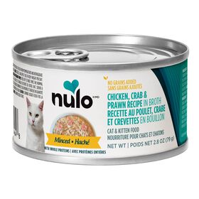 Nourriture humide sans grains au poulet, crabe et crevettes en bouillon pour chats et chatons, 79 g