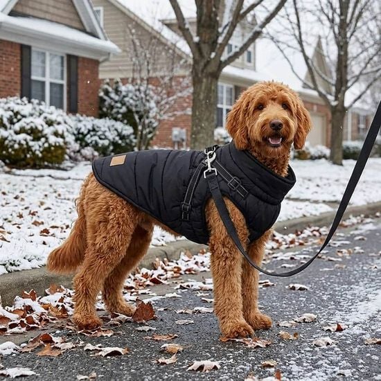 Manteau d&rsquo;hiver style puffer avec harnais ajustable int&eacute;gr&eacute; pour chiens Image NaN