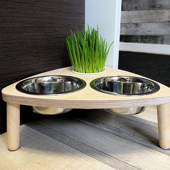 Double Steel Bowls with Wooden Stand and Option for Catgrass Image NaN