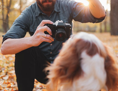 man taking a photo of a dog outside in autumn