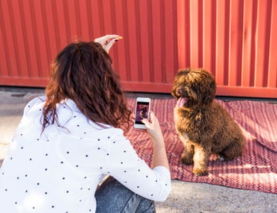 femme qui prend en photo son chien avec son téléphone intelligent