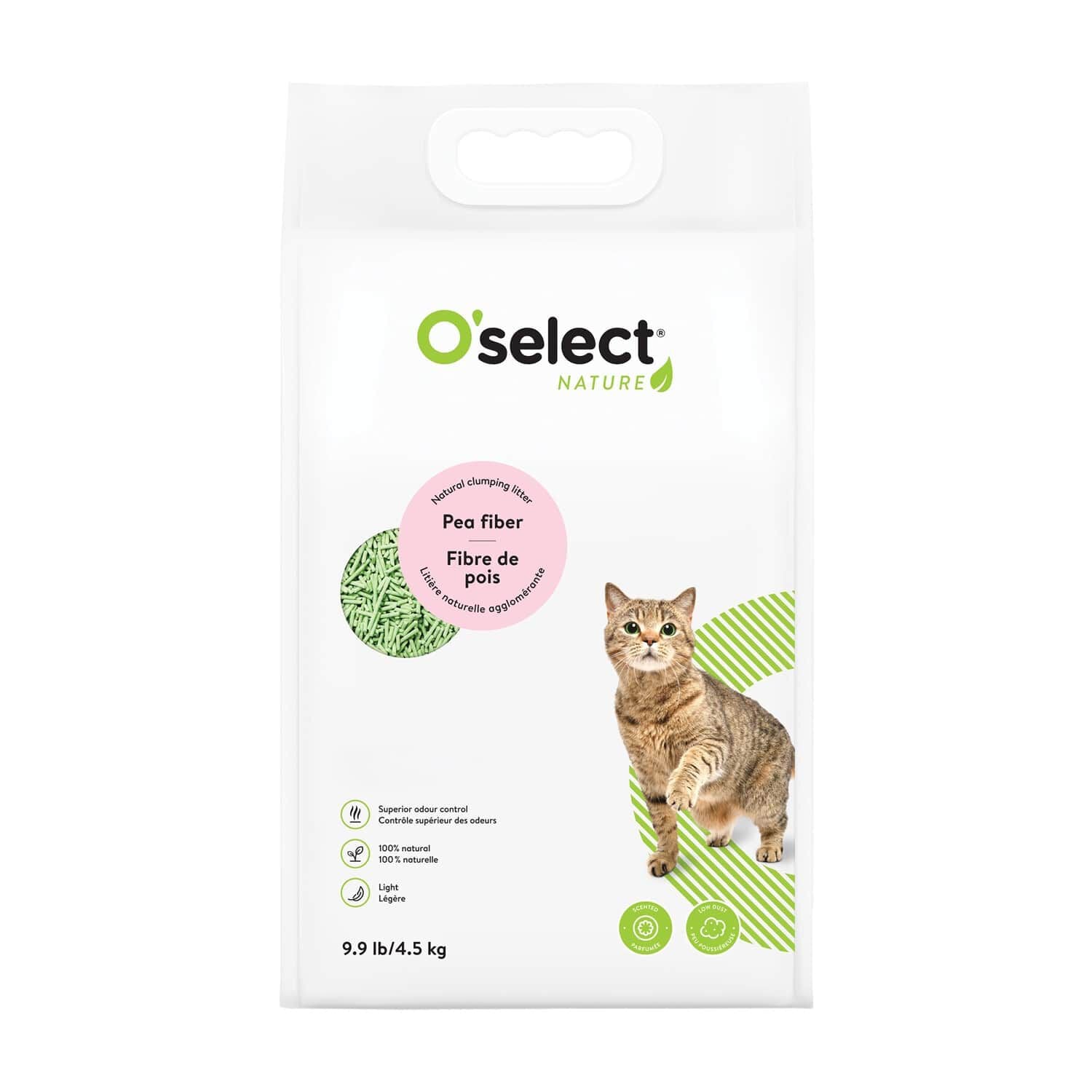 Litière naturelle agglomérante à base de fibre de pois parfumé au thé vert, 4,5 kg O'selct