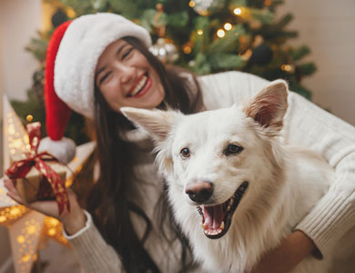 femme avec bonnet de Noel enlace un chien blanc