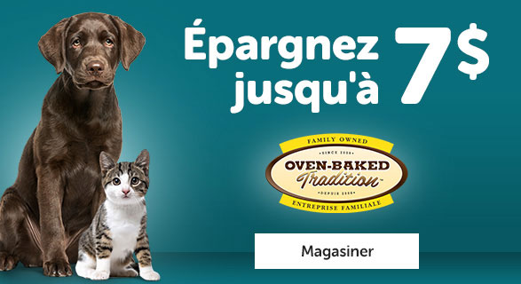 Épargnez jusuqu'à 7$ sur toute la nourriture sèche Oven-Baked Traditions pour chats ou chiens du 12 au 15 octobre 2023. 