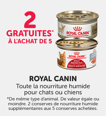 Obtenez 2 conserves gratuites à l'achat de 5 conserves de nourriture humide Royal Canin pour chats ou chiens. Dois être de même type d'animal.