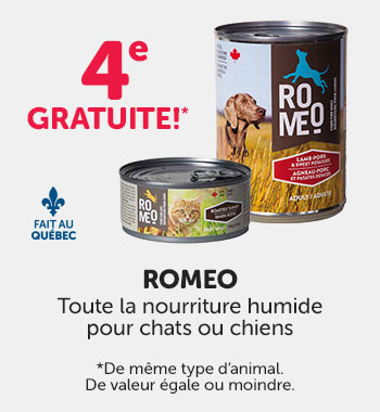 Obtenez la 4e gratuites à l'achat nourriture humide Romeo pour chats ou chiens. Dois être de même type d'animal. 