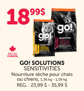 Obtenez la nourriture sèche GO! Solutions Sensitivities pour chats (1,36 kg) ou chiens (1,59) à seulement 18,99$.
