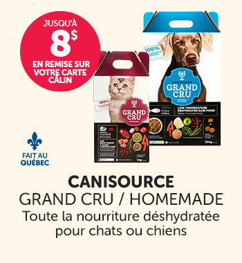 Obtenez jusqu'à 8$ en remise sur votre carte Câlin à l'achat de nourriture déshydratée Canisource Grand Cru/Homemade pour chats ou chiens.