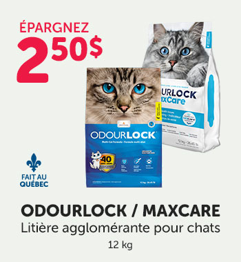 Épargnez 2,50$ sur la litière agglomérante OdourLock/ MaxCare pour chats.