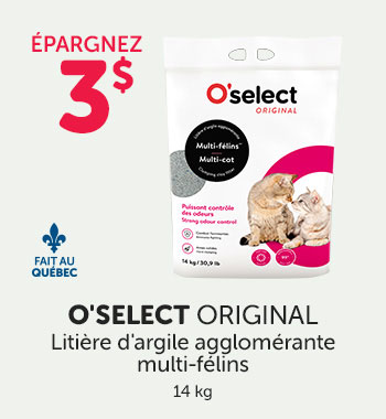 Épargnez 3$ sur la litière d'argile agglomérante O'Select Original pour multi-félins. 