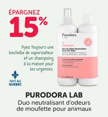 Épargnez 15% sur le duo neutralisant d'odeurs de mouffette Purodora Lab pour animaux.