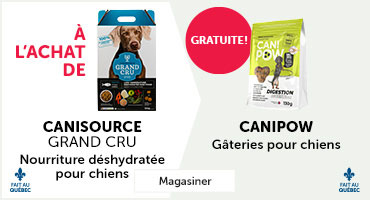 À l'achat de nourriture déshydratée Canisource Grand Cru pour chiens obtenez une gâterie Canipow pour chiens gratuite.