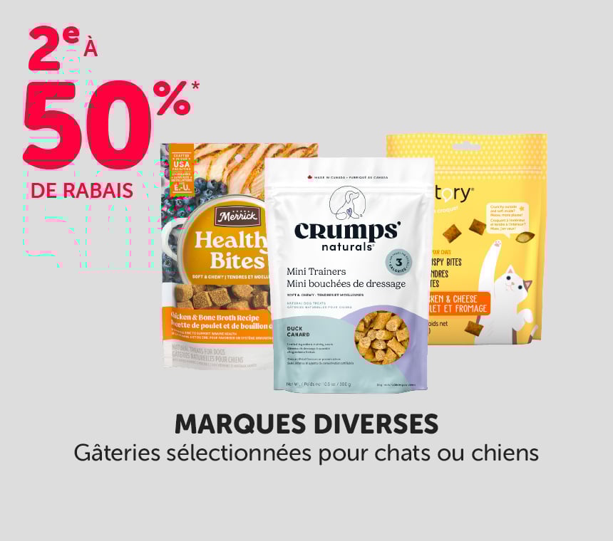 Gâteries sélectionnées de marques diverses pour chats ou chiens. 2e article à 50 % de rabais