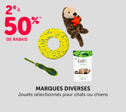 Jouets sélectionnés de marques diverses pour chats ou chiens. 2e article à 50 % de rabais.