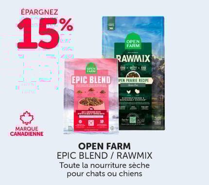 Sacs de nourriture sèche Open Farm Epic Blend et RawMix pour animaux. Épargnez 15 % sur toute la nourriture sèche Open Farm Epic Blend et RawMix pour chats ou chiens. Marque canadienne.