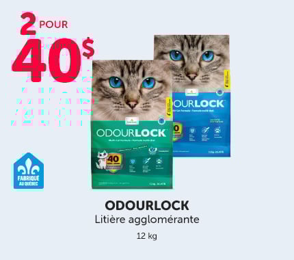 Promotion OdourLock : litière agglomérante 12 kg pour chats. Du 4 au 10 décembre seulement, obtenez 2 sacs pour 40 $. Fabriqué au Québec.