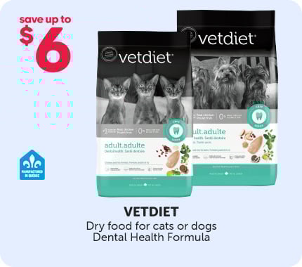 Save up to $6 on Vetdiet dry food for cats or dogs, Dental Health formula, manufactured in Québec.