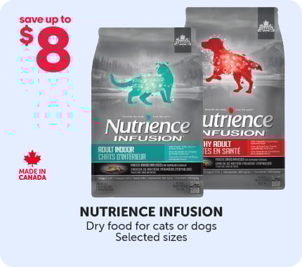 Save up to $8 on Nutrience Infusion dry food for cats or dogs, selected sizes, made in Canada.