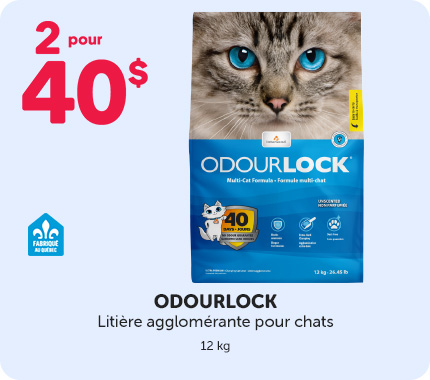 2 pour 40 $ sur la litière agglomérante OdourLock pour chats, format 12 kg, fabriquée au Québec.