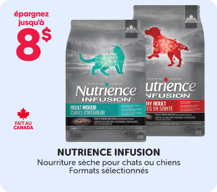 Épargnez jusqu’à 8 $ sur la nourriture sèche Nutrience Infusion pour chats ou chiens, formats sélectionnés, fabriquée au Canada.