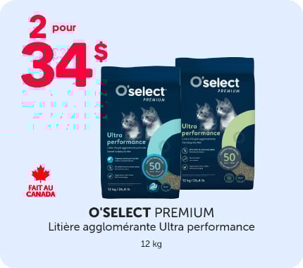 2 pour 34 $ sur la litière agglomérante Ultra performance O’select Premium, format 12 kg. Fait au Canada.
