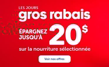 Les jours Gros Rabais du 21 au 25 janvier 2026. Épargnez jusqu’à 20 $ sur une sélection de nourriture pour chats ou chiens.