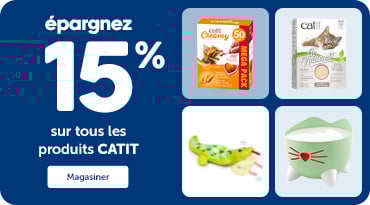 Épargnez 15 % sur toute la nourriture sèche et humide, les gâteries, la litière et les accessoires pour chats Catit, marque canadienne.