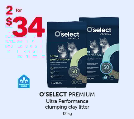 Promotional image of O’select Premium Ultra Performance clumping clay litter 12 kg with the “2 for $34” offer.