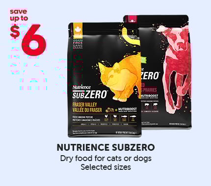 Nutrience Sub Zero promotion featuring bags of dry dog or cat food with savings of up to $6.