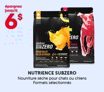 Promotion Nutrience Sub Zero montrant des sacs de nourriture sèche pour chiens ou chats avec une promotion jusqu'à 6$ de rabais.