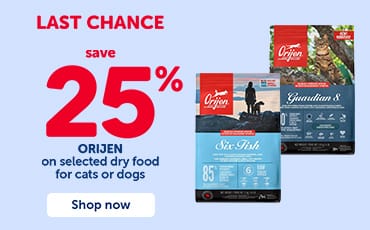Last chance to save 25% on Orijen dry food for cats or dogs. Selected formats.