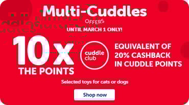 Multi‑cuddles banner showcasing Zoom Pets products and the “10X the points, equivalent to 20% cashback” offer, valid until March 1.