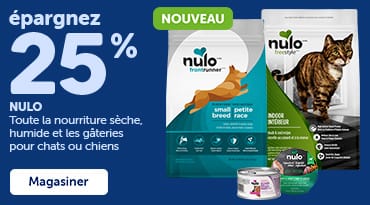 Nouvellement arrivée chez Mondou : la marque Nulo avec un rabais de 25 % sur la nourriture sèche, humide et les gâteries pour chiens et chats.