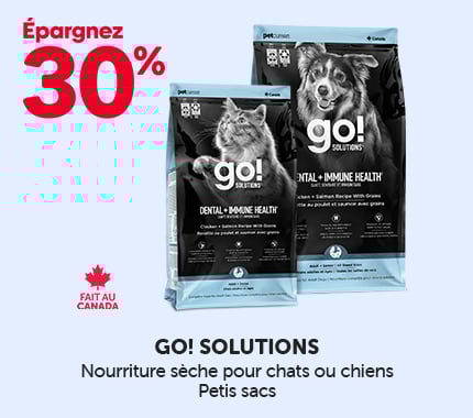 Épargnez 30 % sur les petits formats de nourriture sèche Go! Solutions pour chats ou chiens. Fait au Canada.